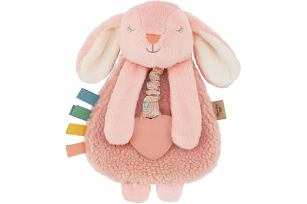 Itzy Ritzy - Itzy Lovey Including Teether - Baby Lovey with Teether, Textured Ribbons & Dangle Arms - Features Crinkle Sound, Sherpa Fabric and Minky Plush (Pink Bunny)