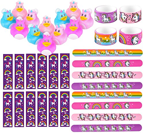 Unicorn Party Favors 36 Piece Bundle Set: 12 Unicorn Rubber Ducks + 12 Rainbow Unicorn Slap Bracelets + 12 Rainbow Unicorn Bookmarks - Unicorn Party Supplies