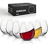 DORELINA Stemless Wine Glasses Set of 6 – 15oz Elegant Modern Red & White Wine Glasses for Everyday Use, Dishwasher Safe, Shatter-Resistant Crystal-Ergonomic Design, Drinking Glasses Gifts