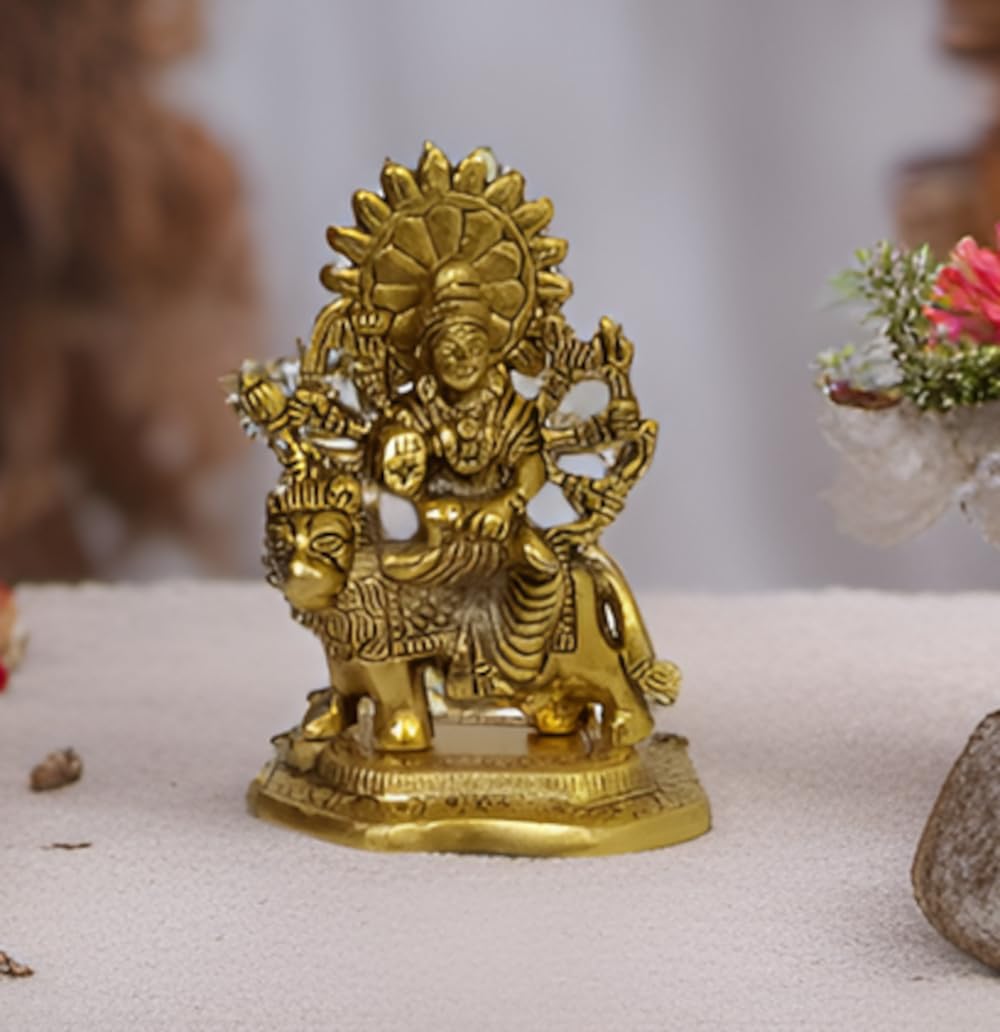 Purpledip Metal Idol Sherawali Mata Durga Ma: Gold Finish Statue (12200)