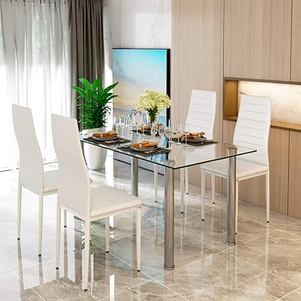 Tavolo Da Pranzo In Vetro E 4 Sedie Bianche In Pelle Sintetica Imbottite In Gommapiuma Moderno Design Salvaspazio Per Sala Da Pranzo 120 X 70 X 75