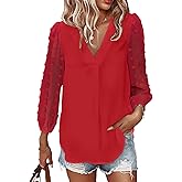 Samefar Women's Long Sleeve Pom Pom Top V Neck Pleated Shirts Casual Loose Blouse