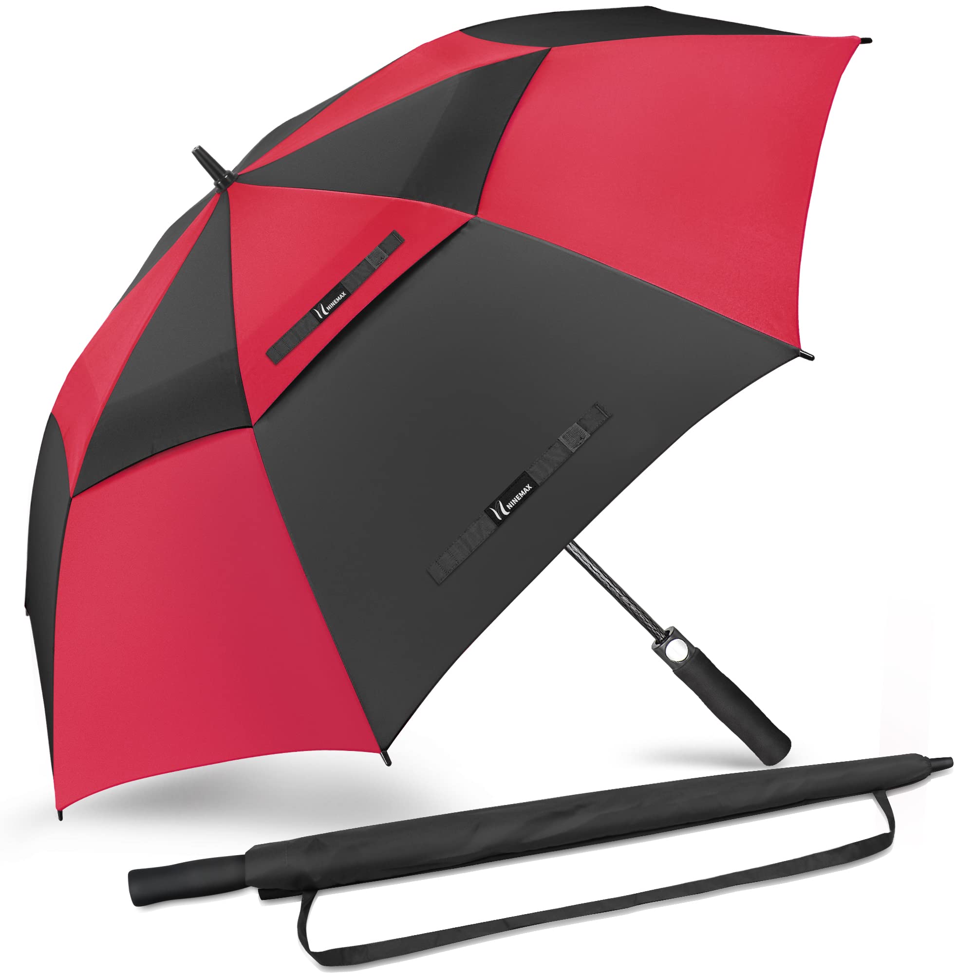NINEMAX Golf Umbrella Large Windproof, 62 Inch Golf Umbrellas for Rain Heavy Duty, Big Double Canopy Vented for Push Cart (Black/Red) Image
