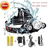 Super Bright Headlamp Flashlight Led, 8000 Lumens Waterproof Headlight Torch, Hard Hat Light,Rechargeable 3 Light 4 Modes,Best for Camping Biking Hunting Fishing Outdoor sports(Silver)