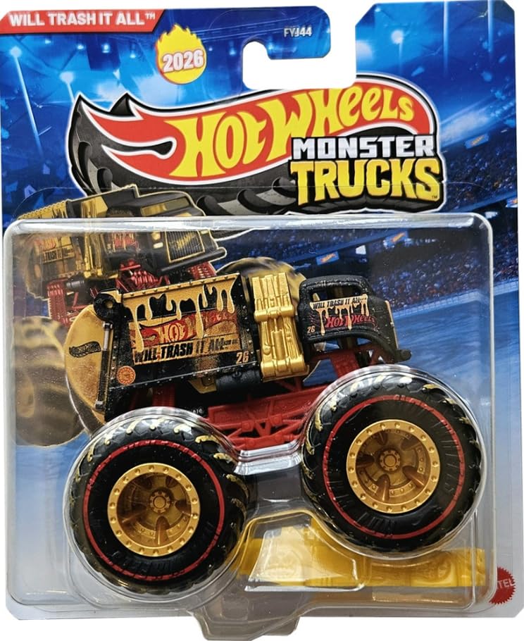 Hot Wheels Monster Trucks Will Trash It All Dump Truck [Treasure Hunt] Includes Crushed Car, New for 2026! 1:64 Scale Diecast Toy Vehicle