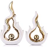 2PCS Abstract Flame Sculptures Ceramic Figurines for Modern Decor, Abstract Art Sculptures Home Decor Accent for Living Room Decorative Objects, Tabletop Decoration for Shelf, TV Stand (White Gold)