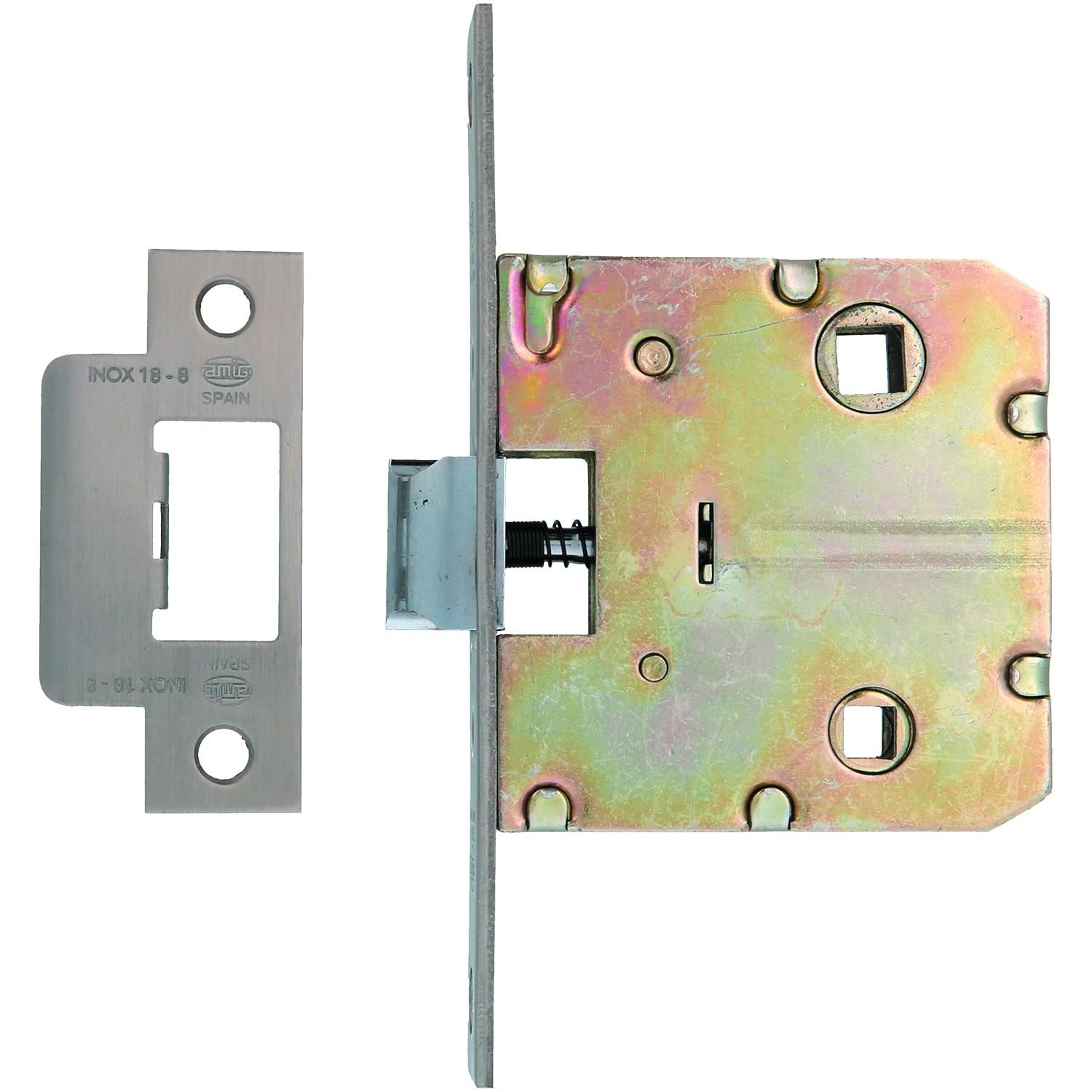 Amig - Unified Door Handle Mod.2100 for Wooden Doors Passing Bathrooms, Kitchens or Rooms - Stainless Steel Inlay Lock - 50mm Entry - Square Edge Front