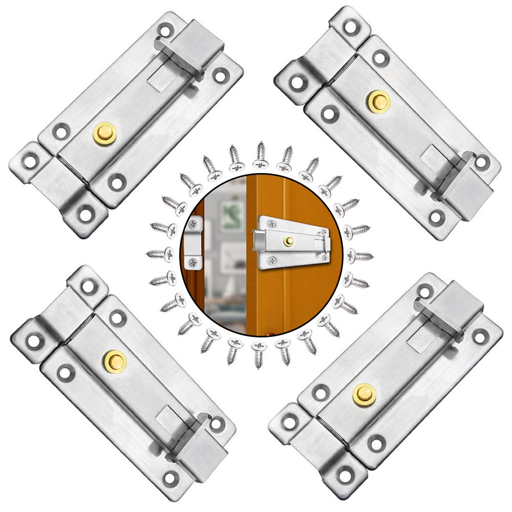 4 Pack Stainless Steel Latch Door Buckle,Safety Door Latch Sliding Lock with Screws,Automatic Anti-Theft Lock Buckle for All Types of Home Bathroom Doors,4 Inch