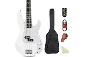 BULLSTAR Electric Bass Guitar 4 Strings Full-Size Standard Bass PB-Style Beginner Kit Black for Starter with Gig Bag Guitar Strap and Guitar Cable, MS-FD (white)