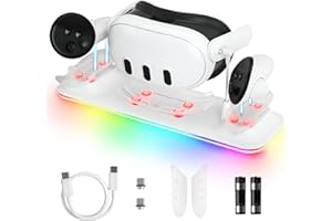 XIONZIJA VR Charging Dock for Meta Quest 3 - Magnetic Docking Station with LED Light - Charging Stationo Display with 2 * 1800Mah Rechargeable Batteries and Controllers Cover - VR Charging Stand Support
