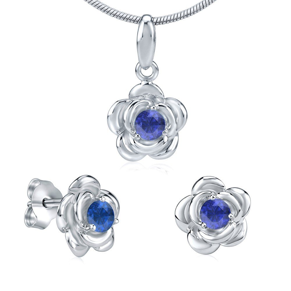 Silver Stud Earrings and Pendant with Blue Synthetic Sapphire 925 Sterling Silver Set