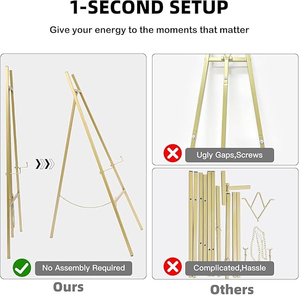 GRENTY 46.7″ GOLD EASEL STAND FOR WEDDING SIGNS – NO ASSEMBLY NEEDED, HEAVY DUTY METAL DISPLAY STAND FOR ART, WELCOME SIGNS, POSTERS, PICTURES, PAINTINGS, AND FLOOR DÉCOR