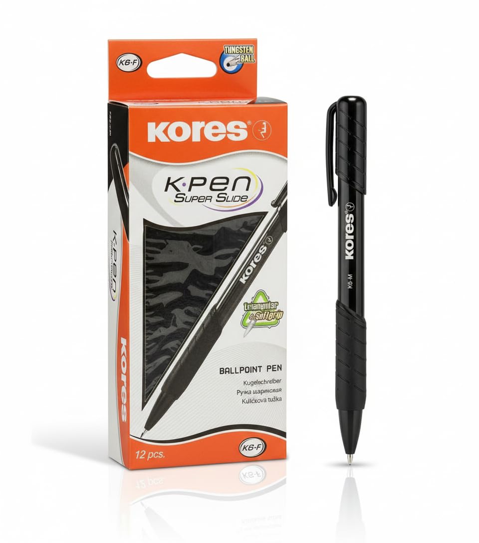 Kores - Black Super Slide Ballpoint Pens - K6, 0.7mm, Triangular, Point Biro, Smudge-Proof Ink - Back to School Supplies, Crafts and Writing Pens, Pens Multipack - Set of 12