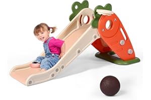 Lischwert Toddler Slide, Toddler Playground Set for Kids, Kids Slide Playset Indoor Outdoor, 3-in-1 Cute Carrot Freestanding Slide with Basketball Hoop and Climber for Kids Gift