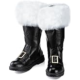 Liitrsh Christmas Santa Claus Boots | Men's Wide Calf Santa Combat Boots with White Plush Cuffs Foot Bells Buckle Strap for Halloween Xmas Costume