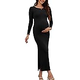 guruixu Women's Maternity Sweater Dress Ribbed Knit Long Sleeve Maxi Bodycon Dress Pregnancy Outfits