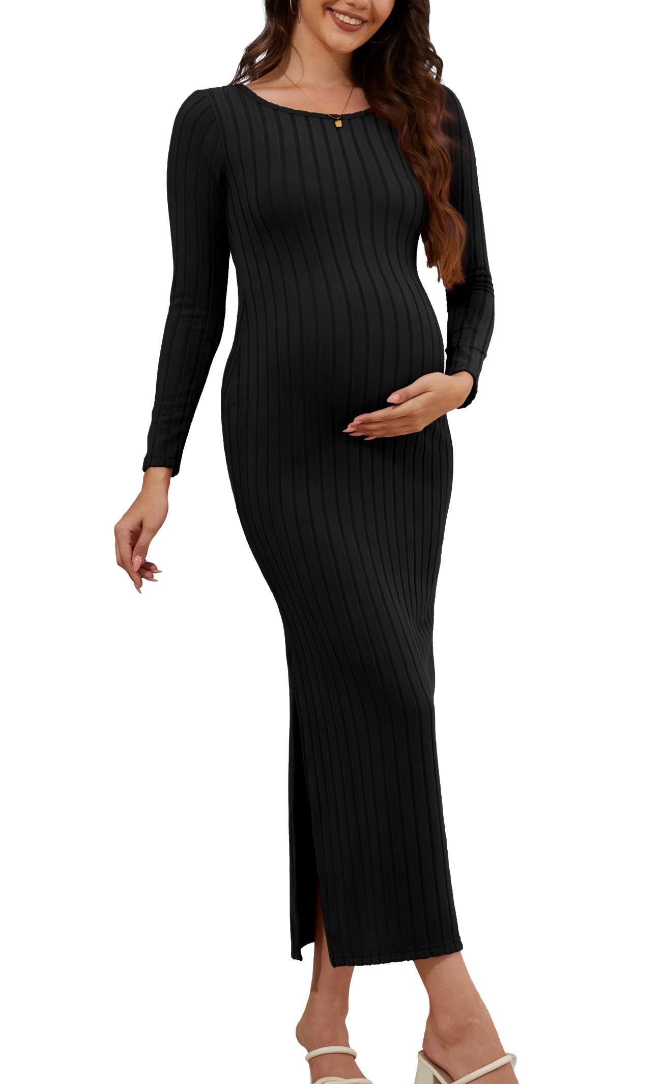 Photo 1 of guruixu Women's Maternity Sweater Dress Ribbed Knit Long Sleeve Maxi Bodycon Dress for Baby Shower Casual Pregnancy Outfits Black