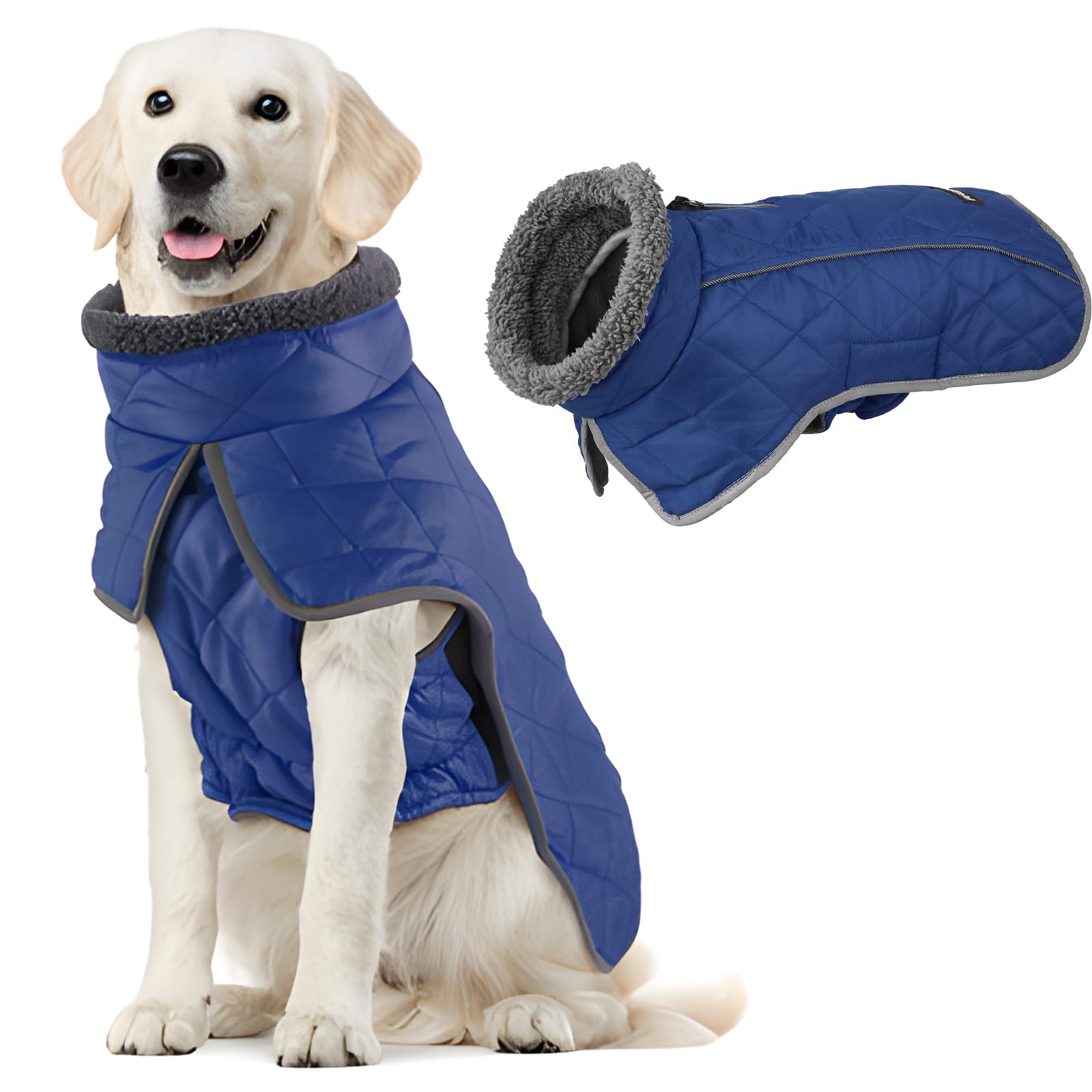 Fragralley Dog Coat Large, Waterproof Dog Jacket with Warm Fleece Lining, Adjustable Reflective Dogs Winter Coat, Turtleneck Pet Coats for Cold Weather (Blue L)