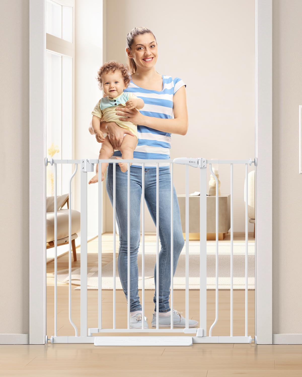 Cideny 34" Tall Baby Gate No Drilling, Auto Close Dog Gate Indoor, White