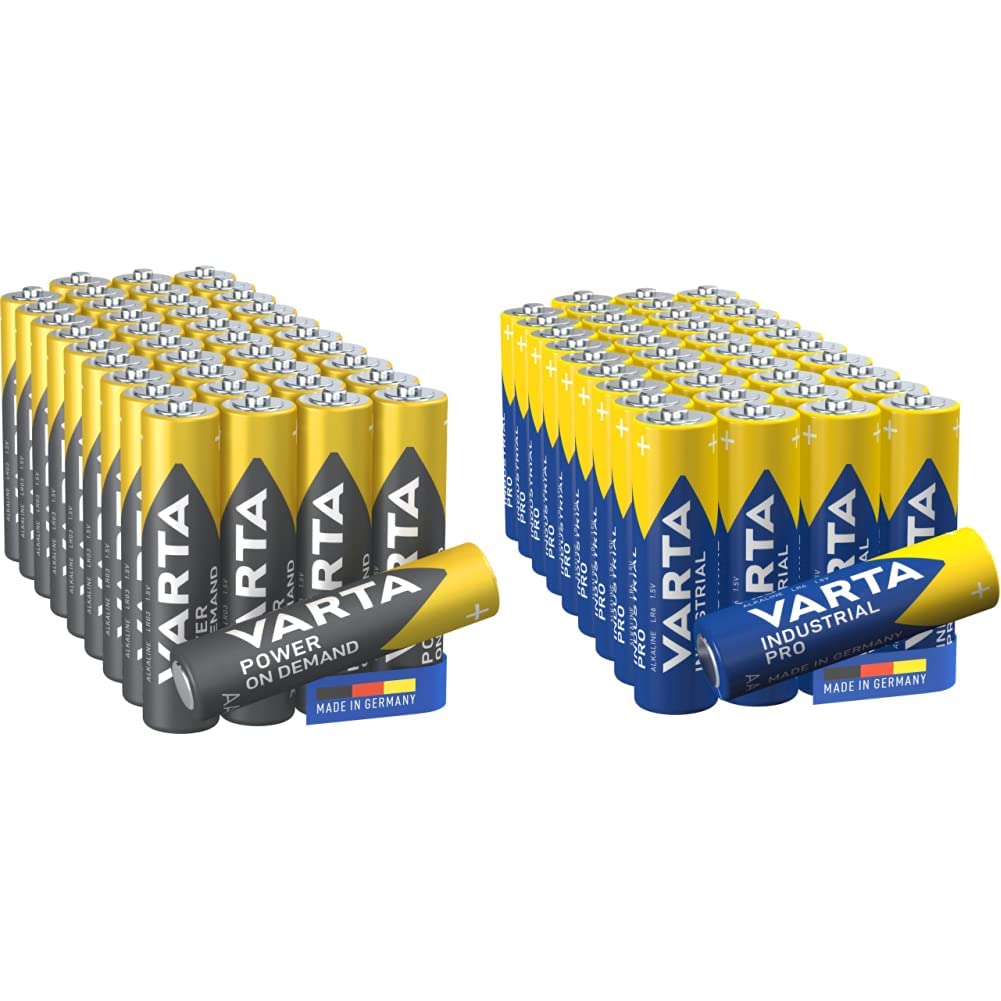 VARTA Power on Demand AAA Micro Batteries 40-pack & Industrial Pro AA Mignon alkaline batteries, LR6-40-pack, made in Germany, environmentally-friendly packaging
