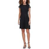 Kensie Women's Short Beaded Sleeve Round Neck Twill Sheath Dress, Black