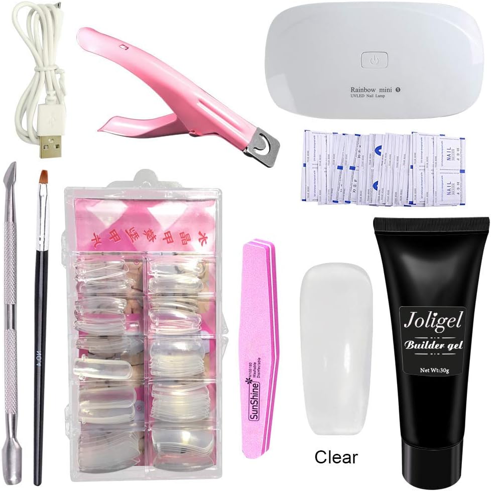 Joligel Polygel Nail Starter Kit With UV/LED Lamp, Builder Gel + Nail Extension Forms Tips + 3-Way False Nail Tip Clipper + Cuticle Pusher + Brush + File Buffer + Remover Wraps (Clear Transparent)