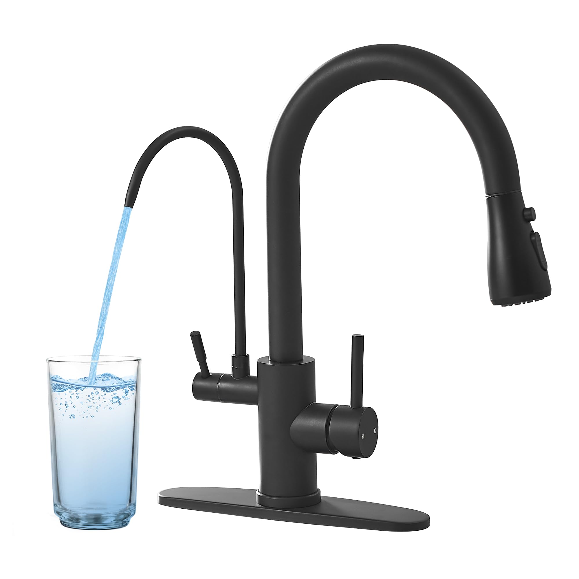 Black Kitchen Faucets with Water Filter and Pull Down Sprayer,Kitchen Sink Faucet,Two Handle Kitchen Sink Faucet with Pull Down Sprayer for 3 Function,Kitchen Faucets Without Water Filtration Device Image