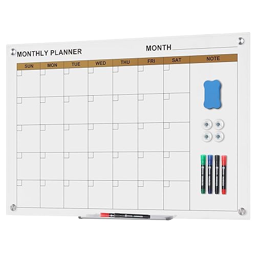 SELEAD Large Clear Glass Calendar White Board - 48x32 inches Magnetic Dry Erase Board with Whiteboard Accessories, Planner Wall Decor Display Pizarra for Home School Office