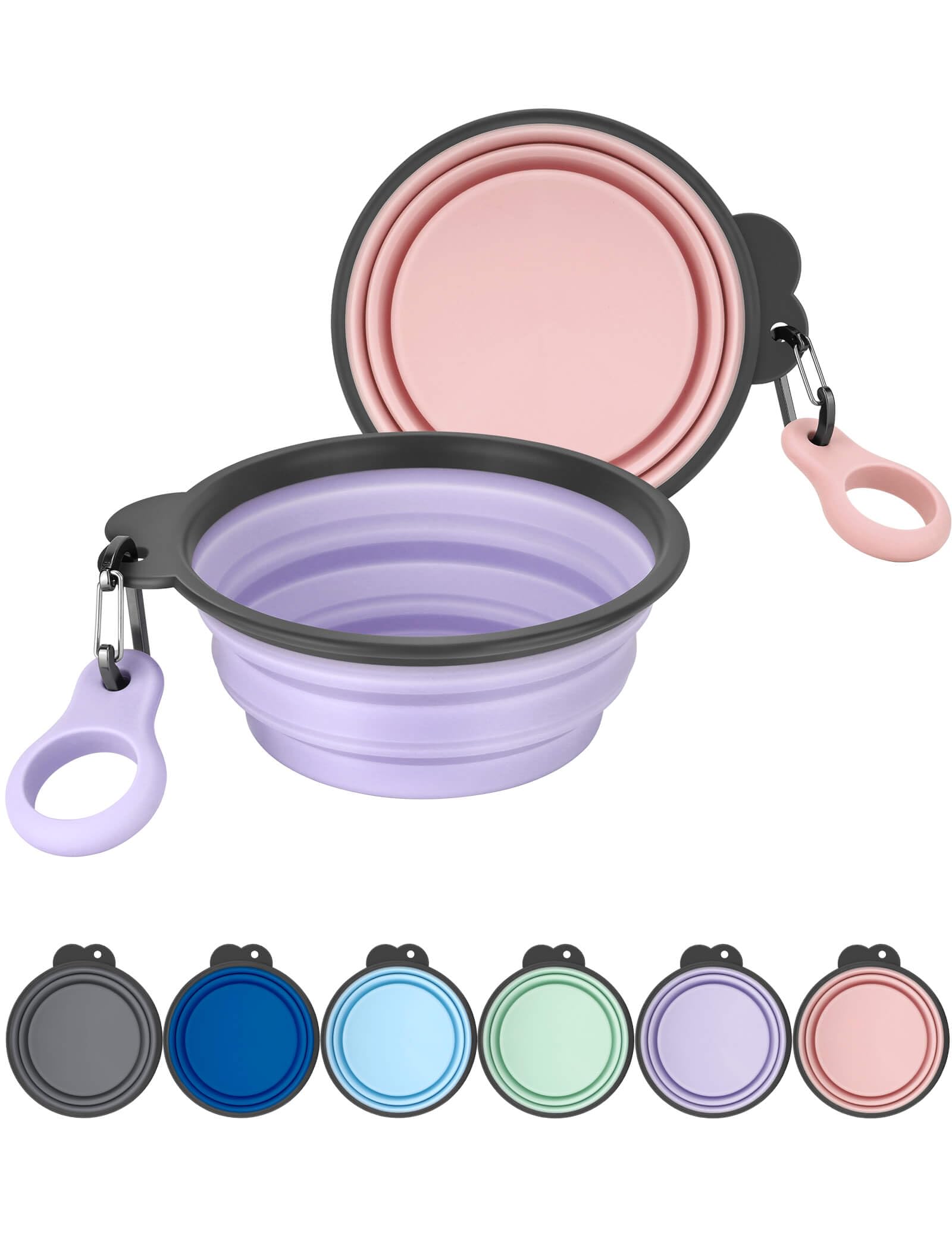 Heouvo Collapsible Dog Bowls with Bottle Carrier, 2 Pack Travel Dog Water Bowl with Upgraded Carabiner, One-piece Molded Rim No Fall Off or Crack (Pink/Violet, Large(Pack of 2))