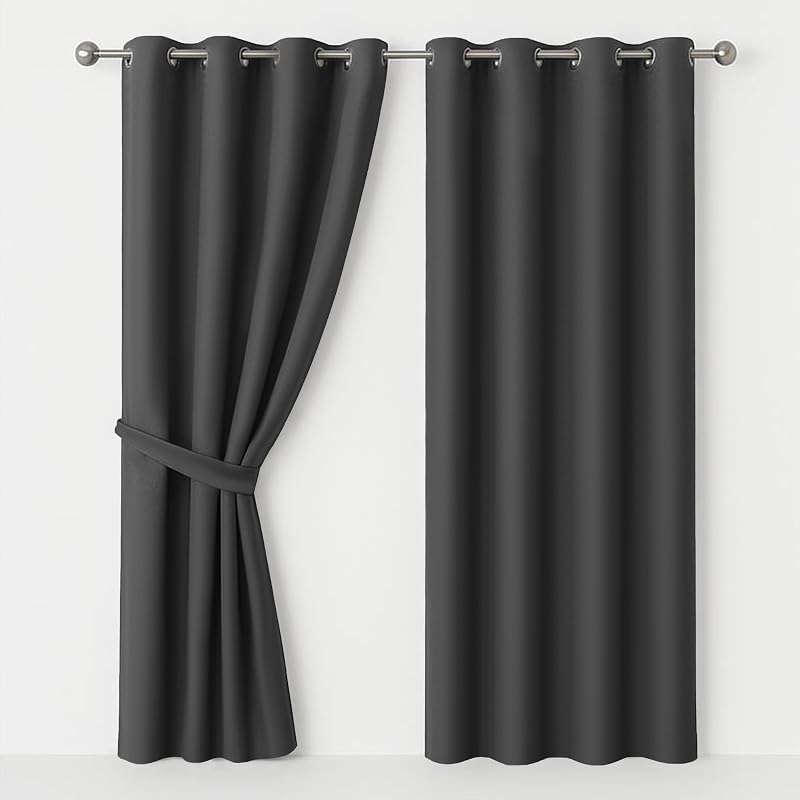 AMEHA Grey Eyelet Blackout Curtains 66 Wide 54 Drop 2 Panels Tie Backs