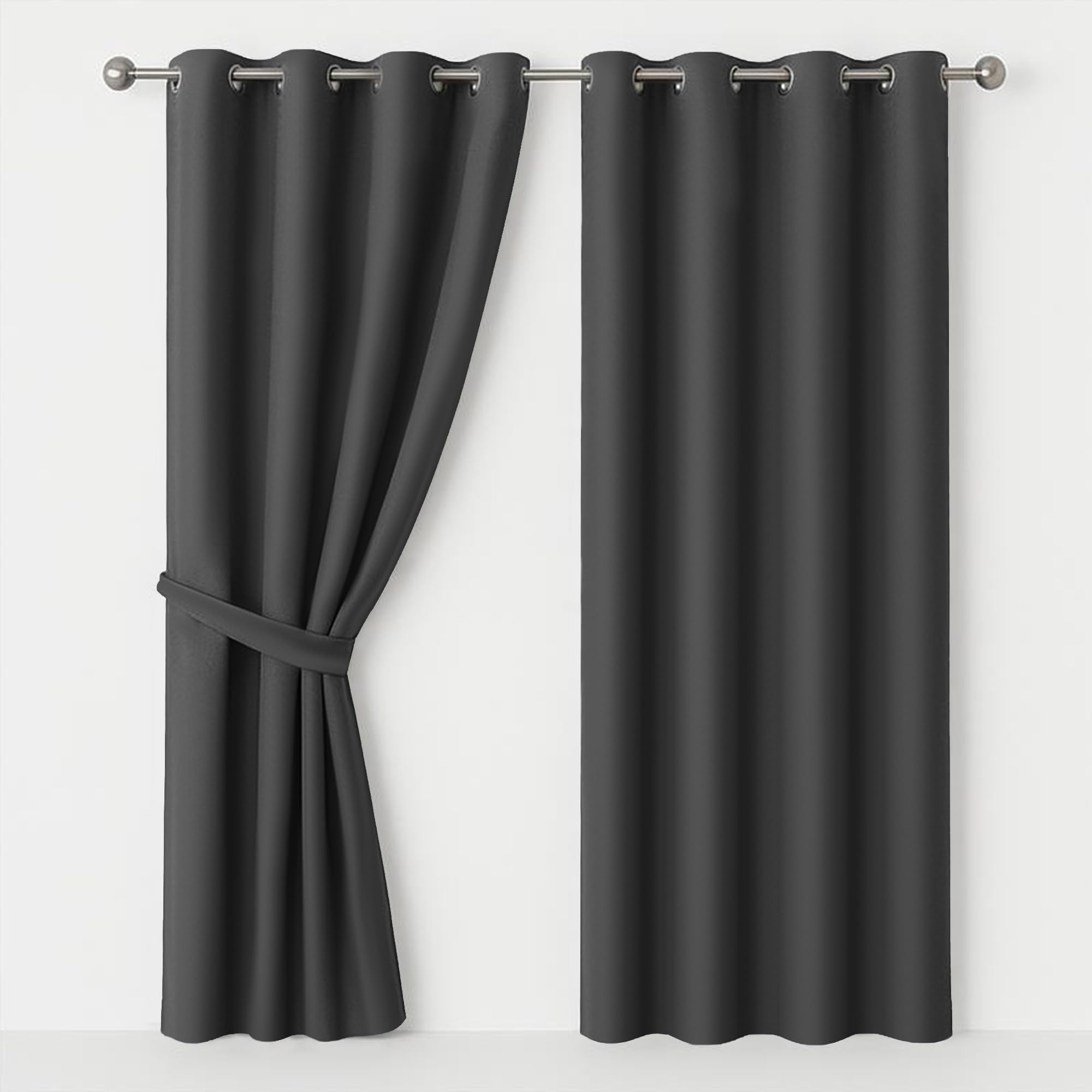 AMEHA Blackout Eyelet Curtains for Living Room Grey Curtains Bedroom, 46x54 Inch Drop Thermal Insulated Curtain Pair Panels with Tiebacks — image 1