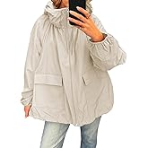 Fisoew Womens Oversized Lightweight Jacket Hooded Trench Coat Windbreaker Waterproof Raincoat With Pockets for Outdoor