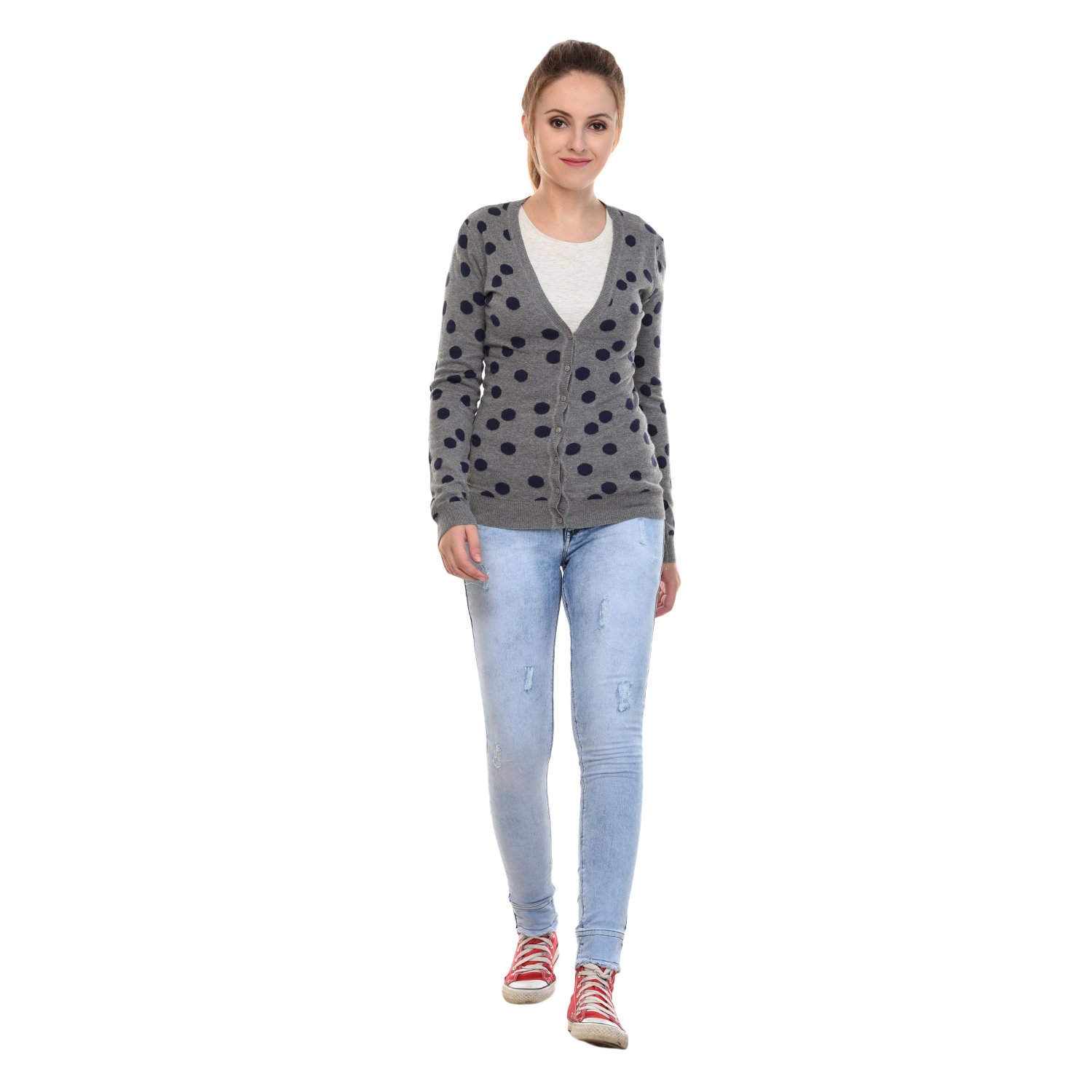 mansicollections grey blue polka dot cardigan for women