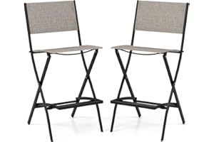 COSTWAY Outdoor Patio Bar Chair Set of 2, Folding Bar Height Stool with Metal Frame & Footrest, Patio Bar Stool for Balcony, Garden & Poolside (2, Coffee)