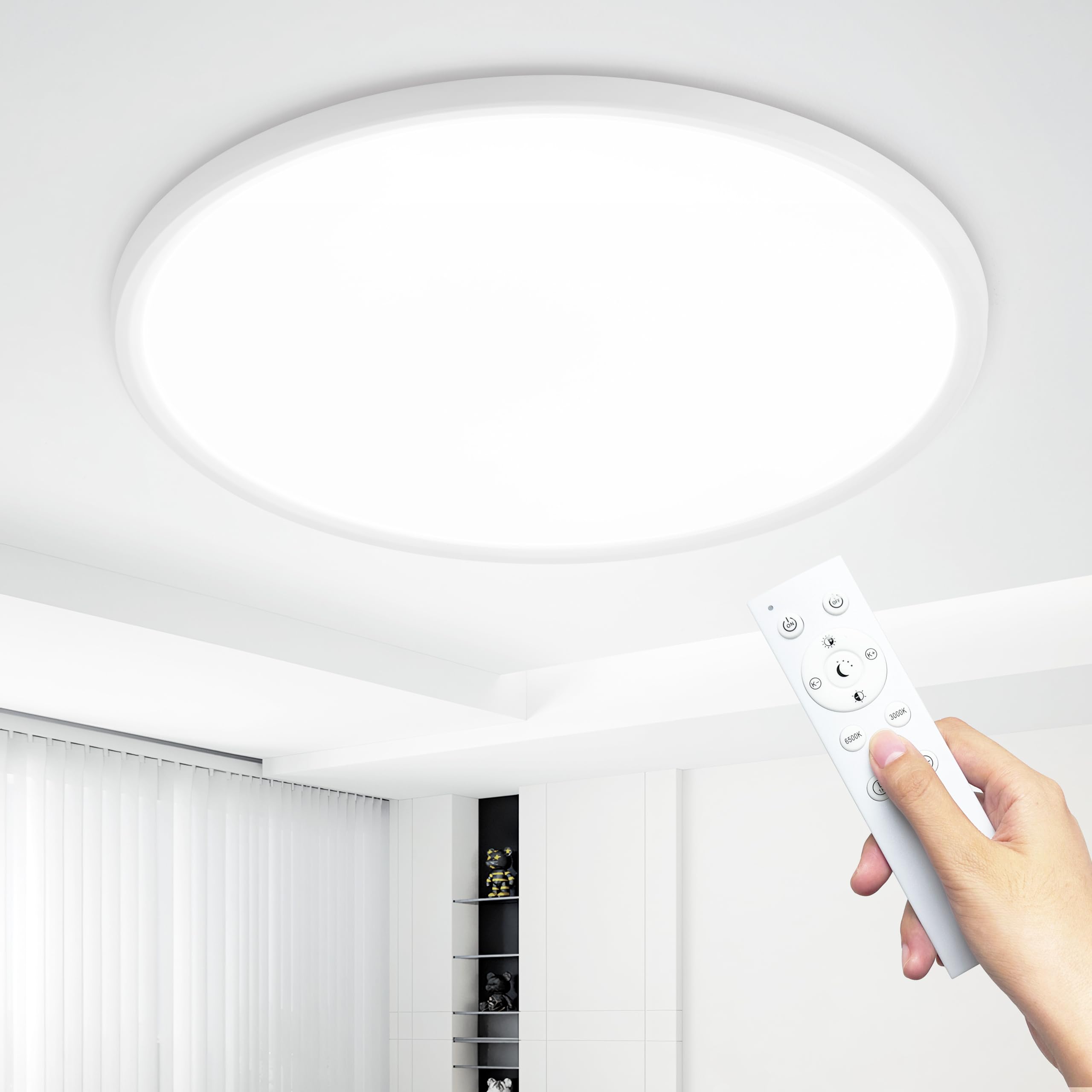 KIWIVIC 36W Ceiling Lights, LED Ceiling Light Dimmable with Remote Control, Bathroom Lights Ceiling 3000-6500K Ø40cm, White Flush Ceiling Light for Bedroom Kitchen Bathroom Hallway