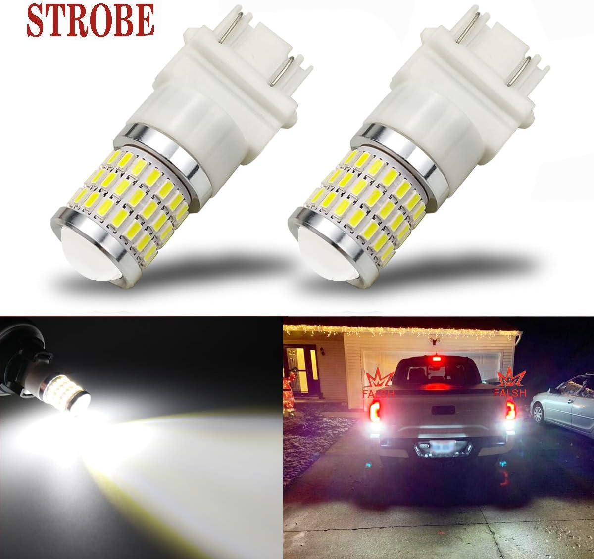 iBrightstar Newest 9-30V Flashing Strobe Blinking Brake Lights 3157 3057 3156 3056 LED Bulbs with Projector replacement for Back Up Reverse Lights | Tail 3rd Brake Stop Lights, Xenon White