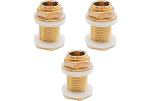 laffoonparts 3 Pcs Solid Brass Bulkhead Fitting, 3/8" Female 1/2" Male Solid Brass Water Tank Connector Theaded W/Rubber Ring