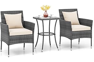 KOTEK 3 Pieces Patio Furniture Set, PE Rattan Outdoor Conversation Set with Tempered Glass Table & Soft Cushions, Wicker Bist