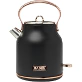 Haden Heritage 1.7L Stainless Steel Electric Tea Kettle, Black &amp; Copper | Hot Water Use with 360-Degree Base and Auto Shutoff