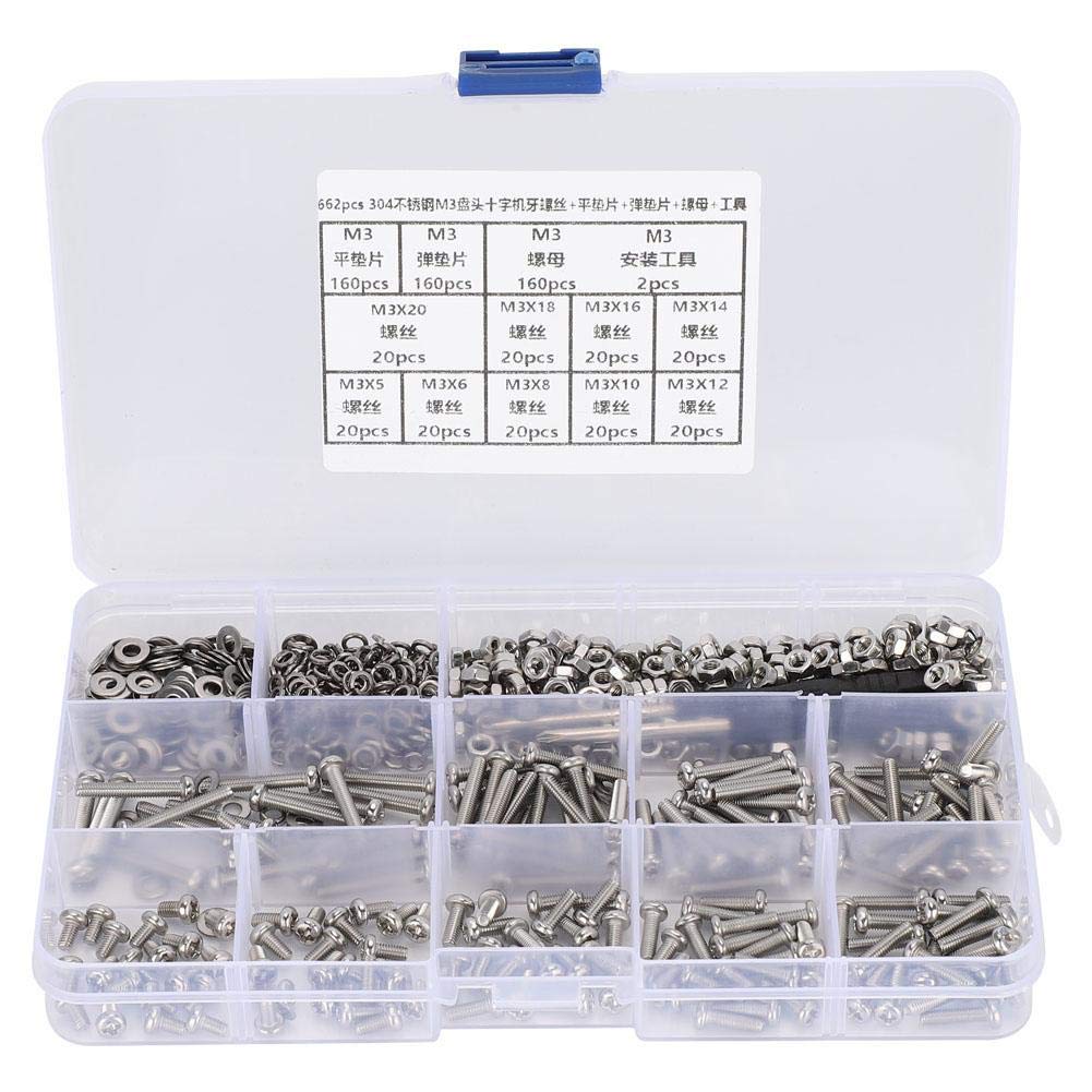 Nut Set, 662PCS DIY Combination Set M3 Pan Head Cross Machine Screw+Flat/Elastic Washer+Nut Various Specifications in One Set