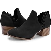 Fashare Womens Fall Cutout Booties Ankle Heels Low Stacked Ruffle Slip On Dress Short Boots Shoes