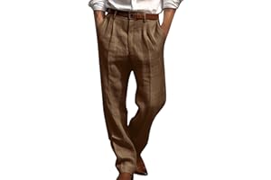 Finelylove Cotton Linen Pants Men Straight Leg Pleated Work Dress Pants Relaxed Fit Casual Leisure Chino Trousers