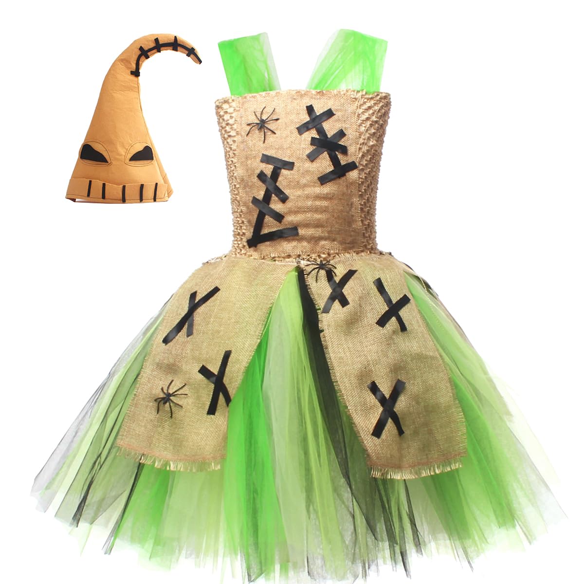 IBAKOM Halloween Costume Girls Princess Dress Nightmare Ruffle Tulle Dress and Skeleton Hat Fancy Dress Costume for Kid Girls Green M/4-5Y