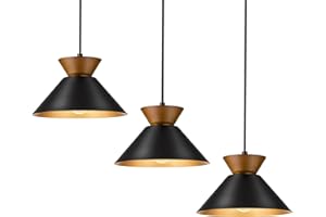 ELYONA 3 Pack Modern Pendant Lights Kitchen Island, Solid Wood Hanging Lamp with Matte Black Metal Shade & Gold Inner Finish, Farmhouse Pendant Light Fixtures for Dining Room, Bedroom, Living Room