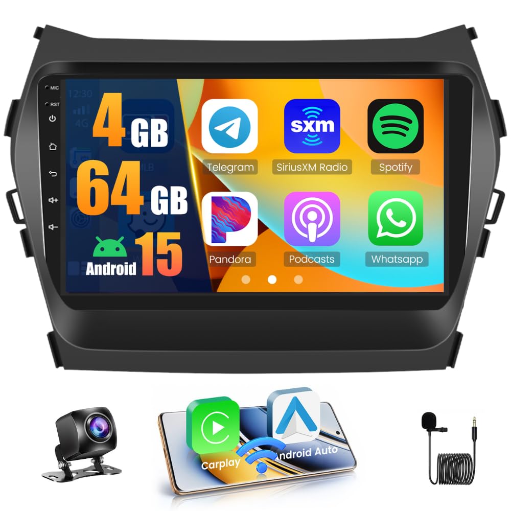 Photo 1 of [DSP 4+64G] Android 15 Car Stereo for Hyundai Santa Fe 2013-2017, Hikity 9'' IPS Touch Screen SantaFe Radio Wireless Carplay Android Auto 1280*720P/5G WiFi/GPS/SWC, Bluetooth//FM/RDS/32EQ Backup Cam
