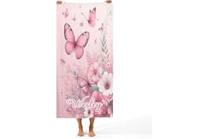 NZOOHY Butterfly Pink Flowers Personalized Beach Towel Microfiber Beach Bath Towel for Kids, Teens, Adults, Travel, Gym, Pool