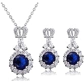 AILUOR Crown Sapphire Jewelry Set, Fashion Wedding Bridal Silver Blue Crystal Gemstone Pendant Necklace and Stud Earrings Set for Women