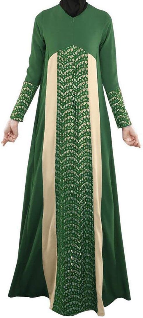 Hadudu Women's Long Sleeve Thobe Lace Muslim Patchwork Arab Long Dress