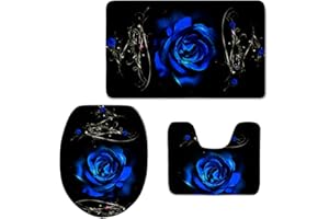 HUGS IDEA Blue Rose Pattern Non Slip Toilet Seat Cover+ Bath Mat+ Lid Covers Home Decorative 3 Piece Bathroom Rug Sets