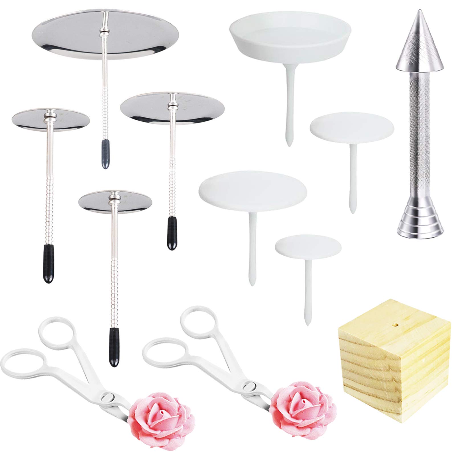 Photo 1 of 12 PCS Cake Decorating Supplies, Woohome 8 PCS 2 Style Cake Flower Nail, 2 PCS Flower Lifters and 1 PCS Wood Flower Nails Holder, 1 PCS Cake Icing Dispensers for Icing Flowers Decoration